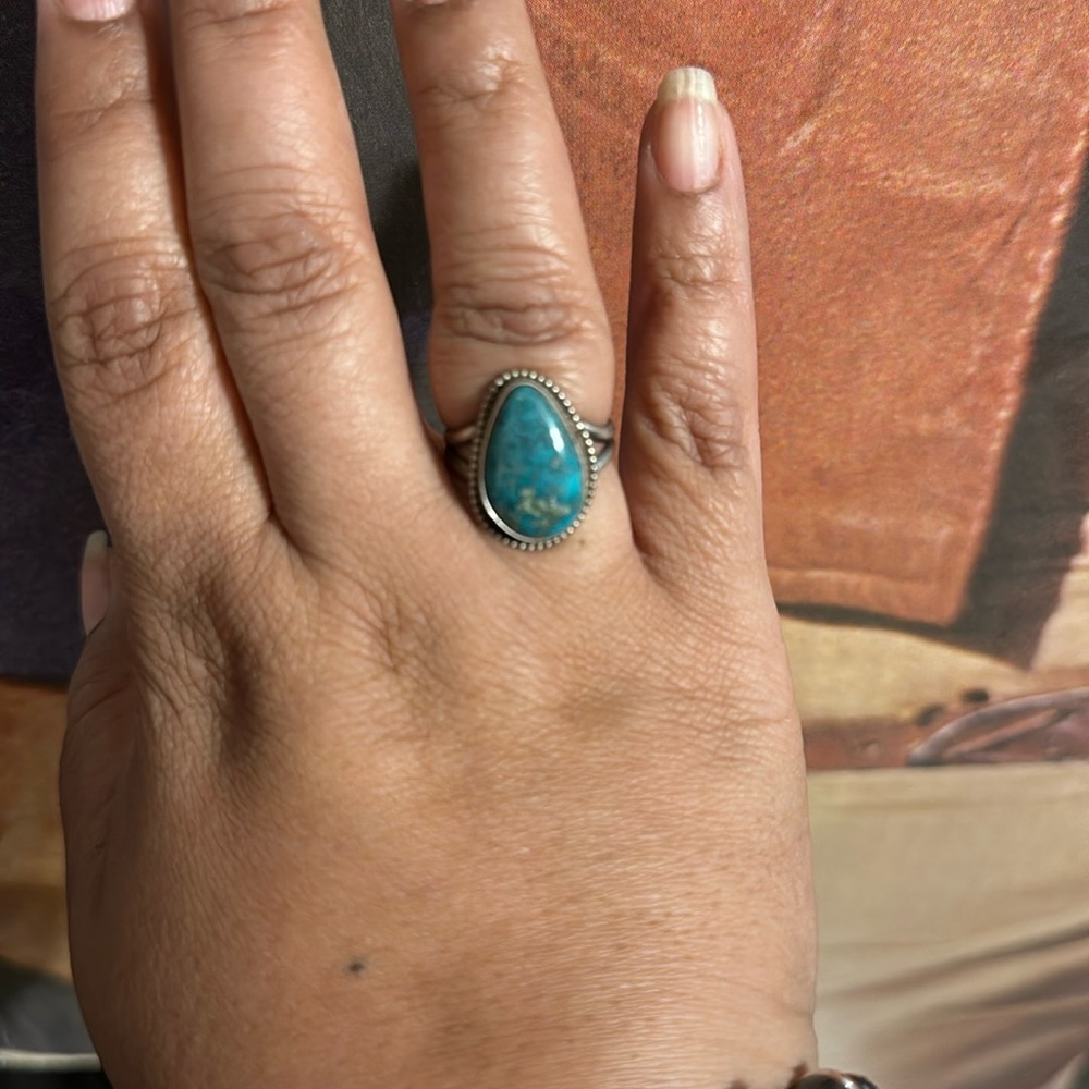 Sterling silver turquoise with matrix stamped ring